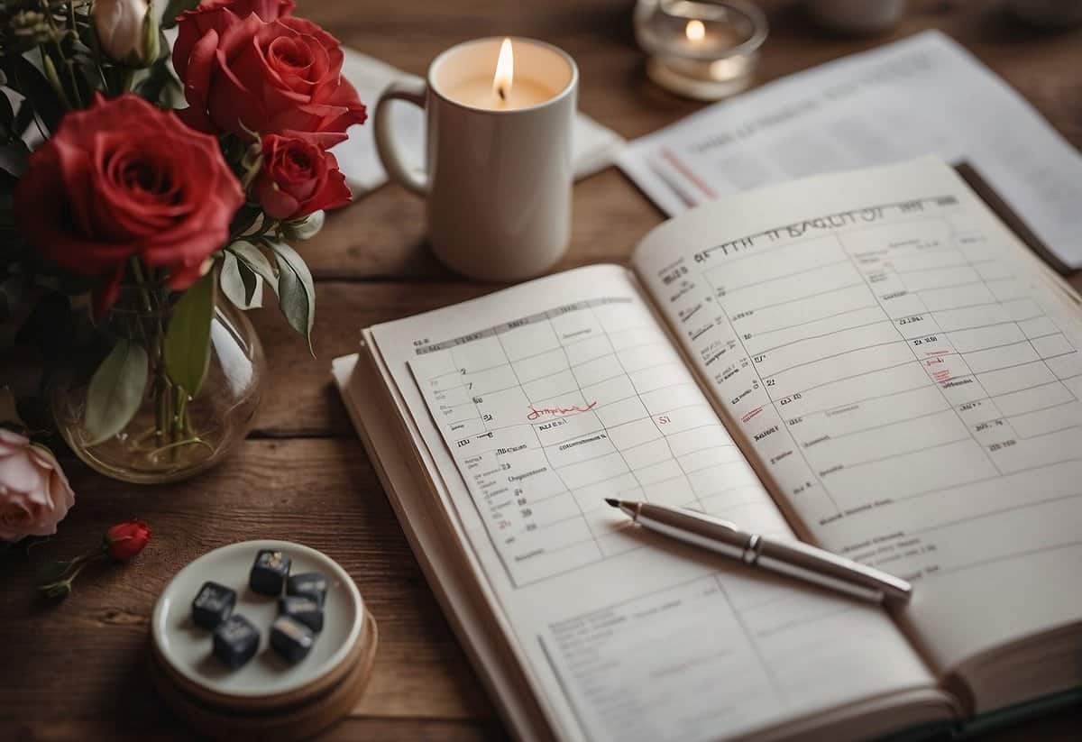 A calendar with the month of the wedding circled in red, surrounded by wedding planning books and checklists