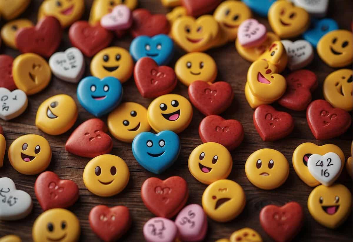 A stack of heart-shaped emojis with various numbers, symbolizing the different boyfriends a woman may have, surrounded by question marks