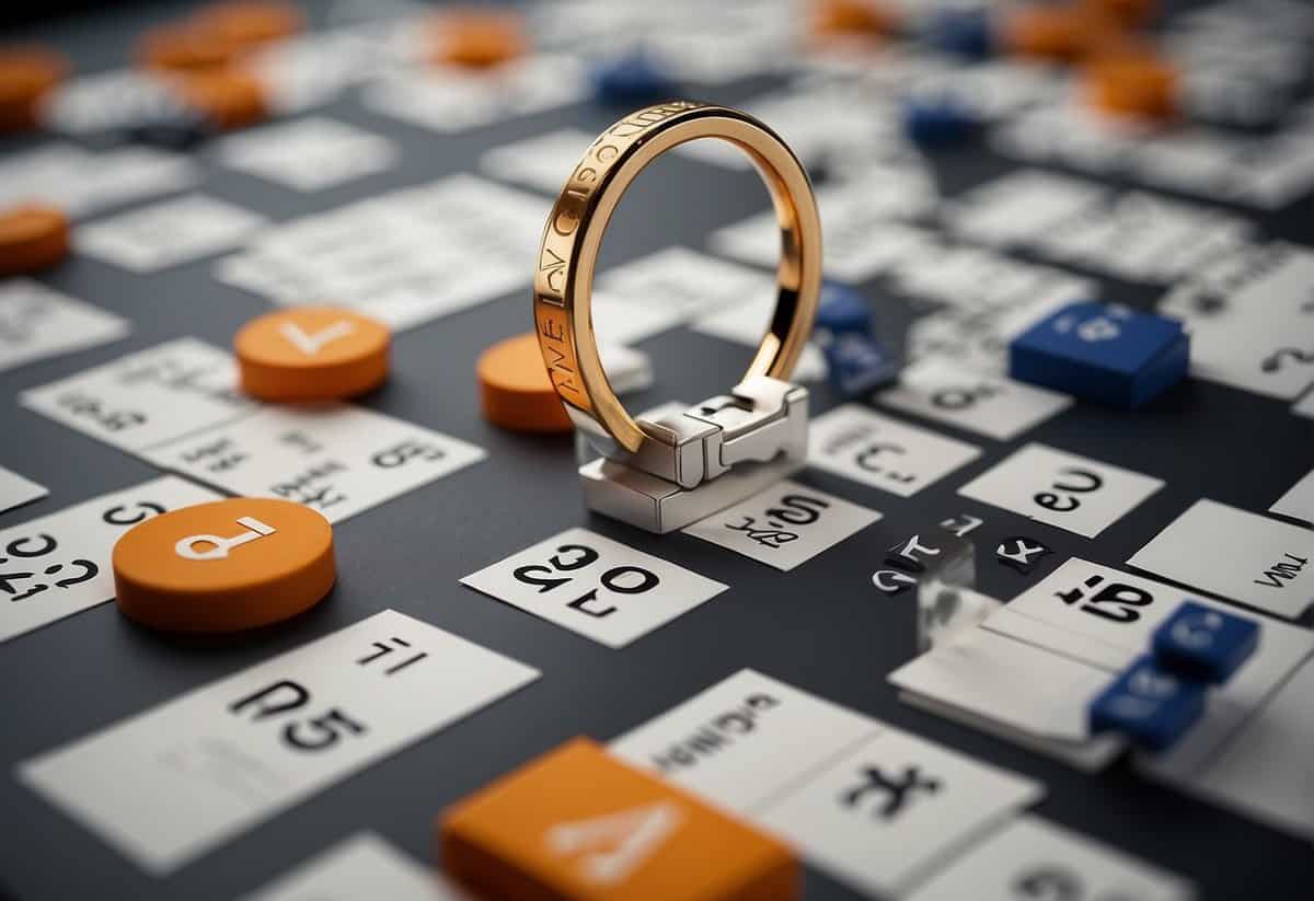 A calendar with a ring on the month of the proposal, surrounded by question marks and exclamation points