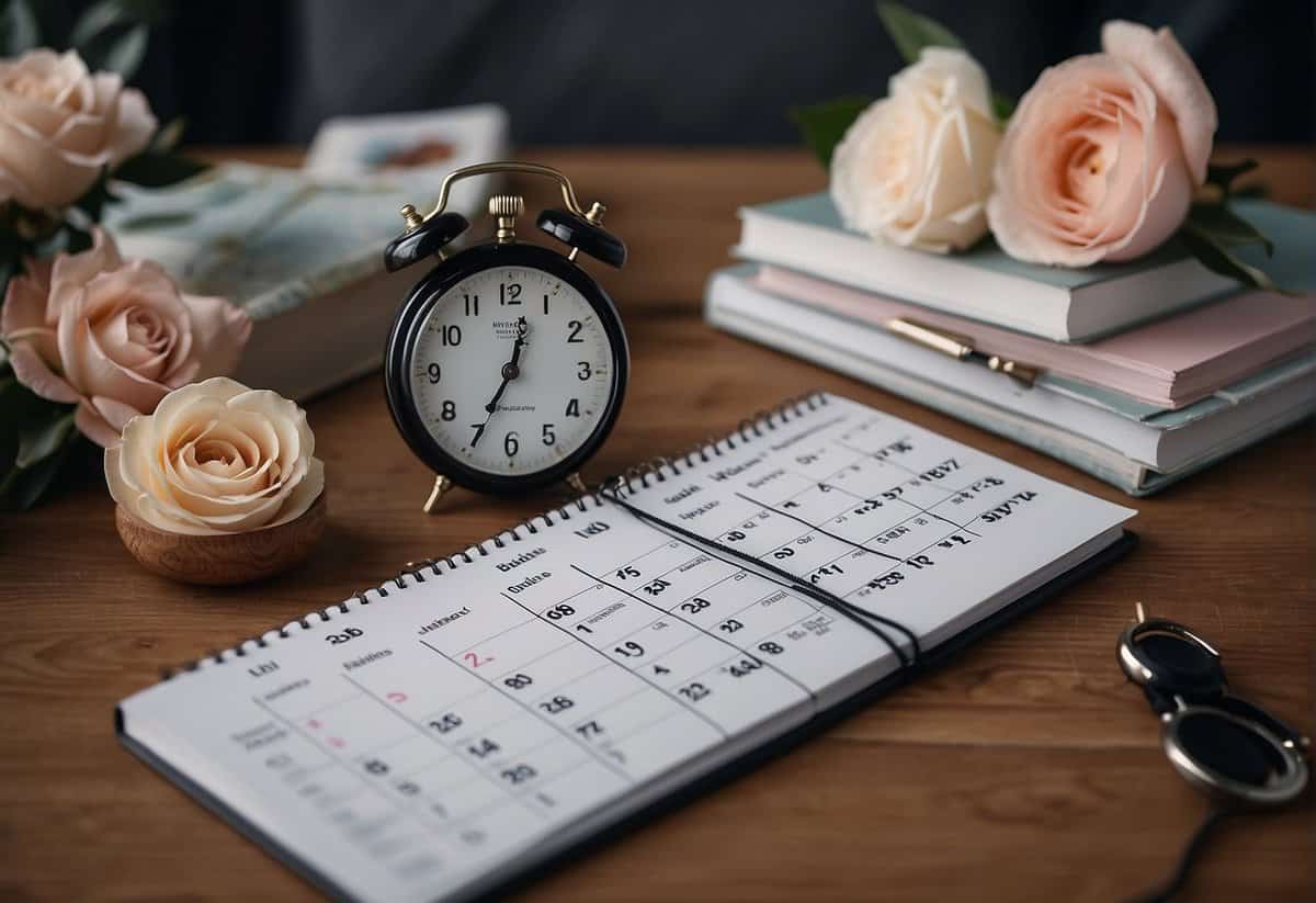 A calendar with a wedding date circled, surrounded by wedding planning books, flowers, and a stopwatch set to 6 months