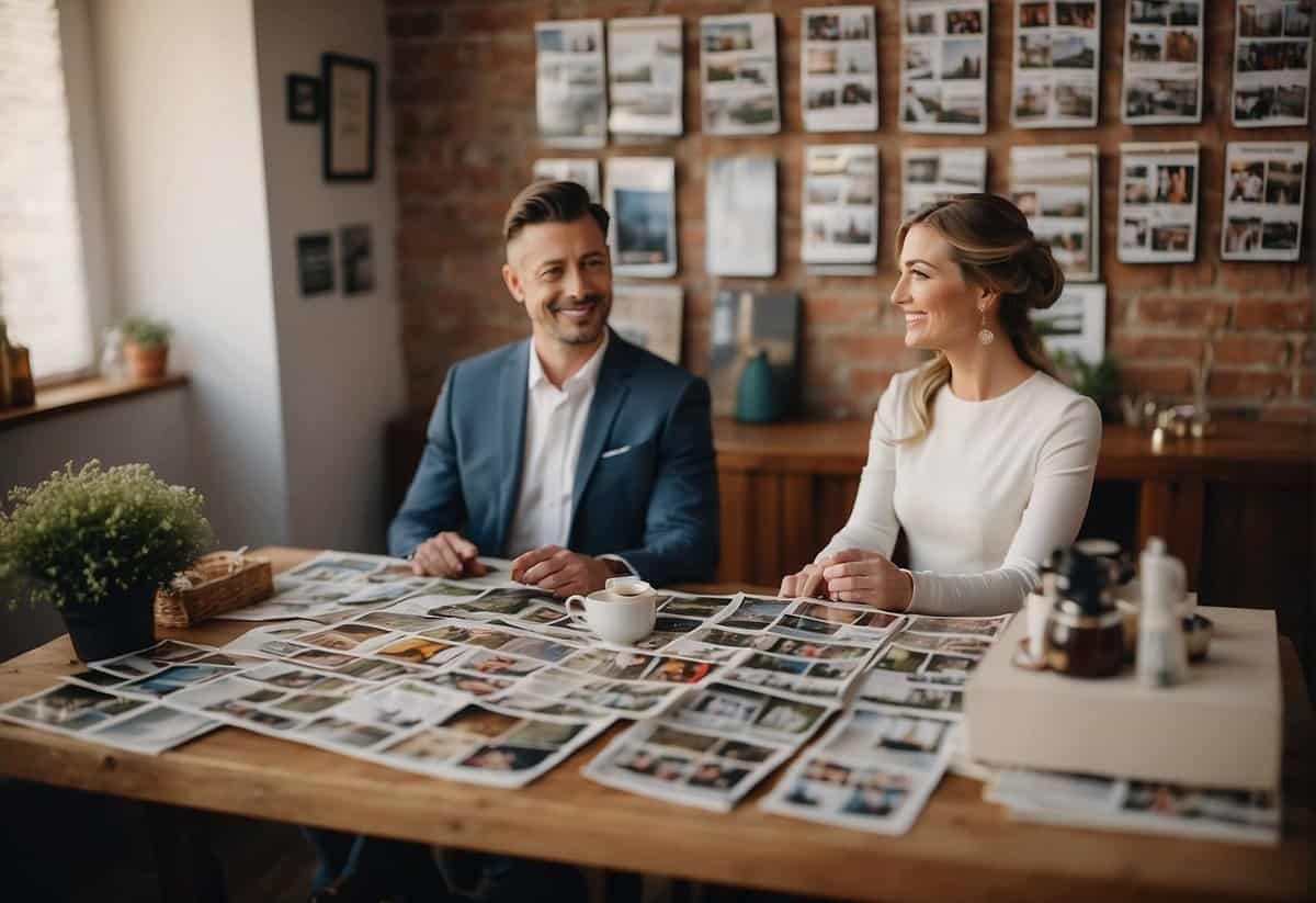 A couple sits at a table covered in wedding magazines and samples. A calendar on the wall shows six months until their wedding date