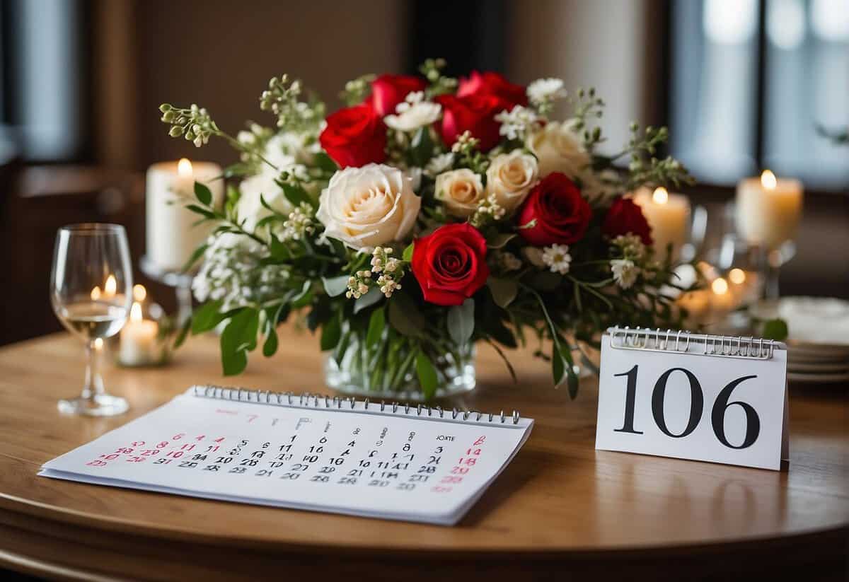 Tables set, flowers arranged, and a wedding dress hangs ready. A calendar shows "6 months" circled in red