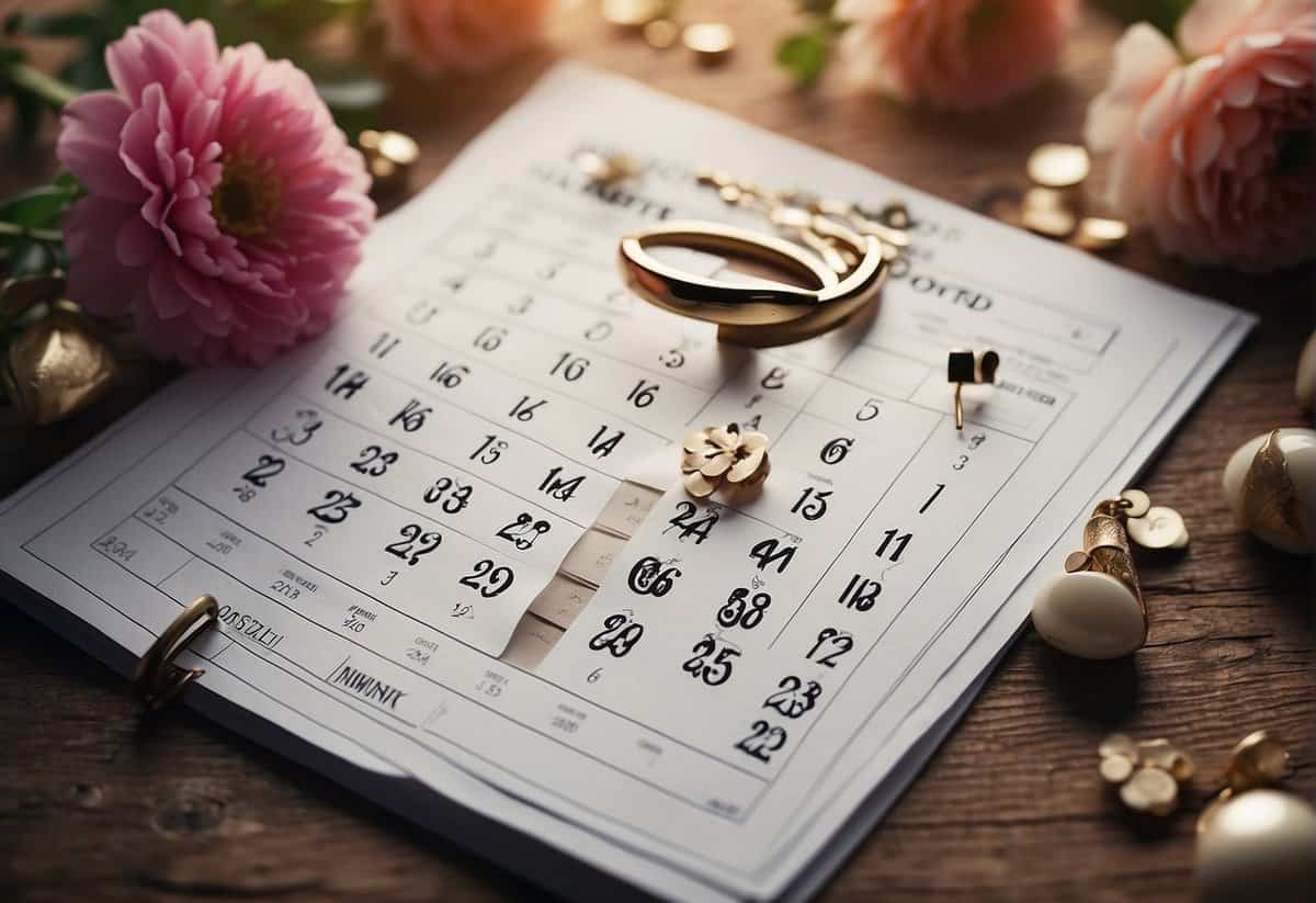 A calendar with the date six months from now circled, surrounded by question marks and engagement-related items like rings and flowers