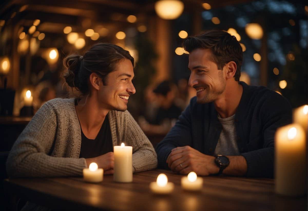 A couple sits at a candlelit table, surrounded by a warm and cozy atmosphere. They are engaged in deep conversation, leaning in towards each other, showing signs of a strong connection