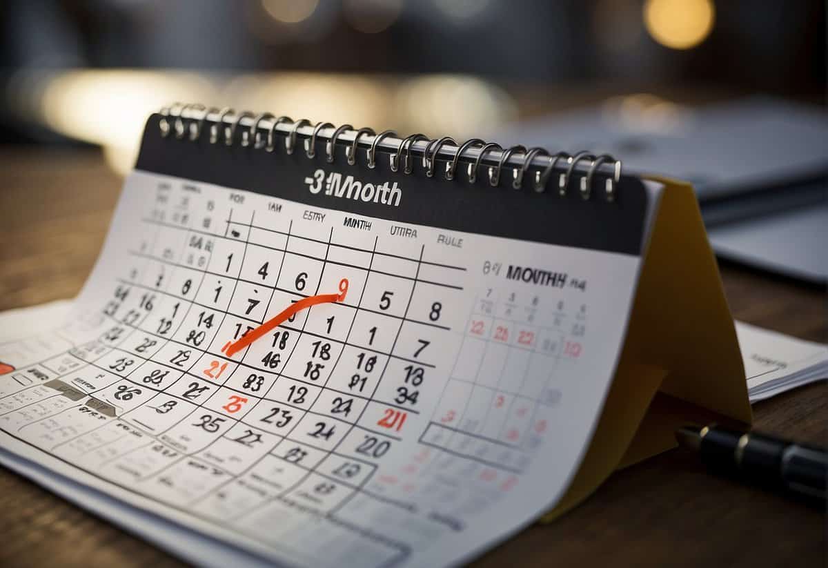 A calendar with a circle around the third month, a crossed out date from the first two months, and a label reading "3 month rule."