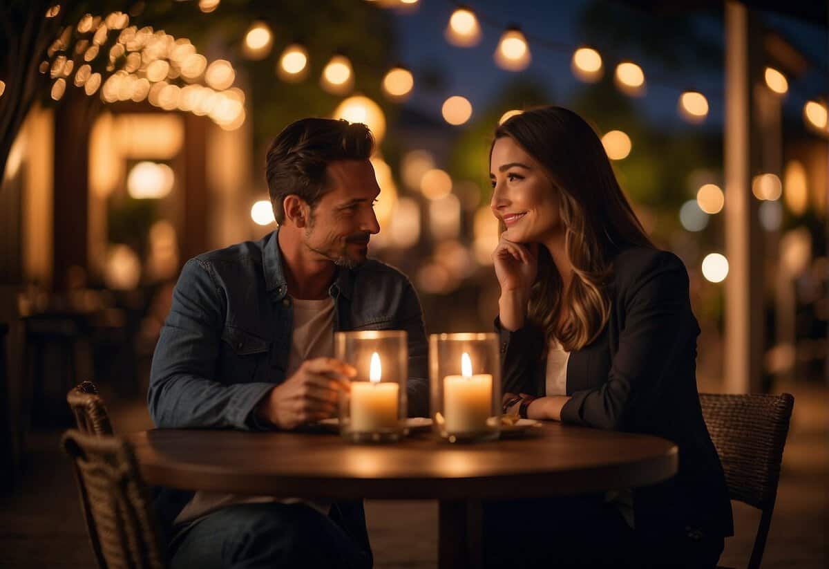 A couple sitting at a candlelit table, engaged in deep conversation, with a warm and relaxed atmosphere