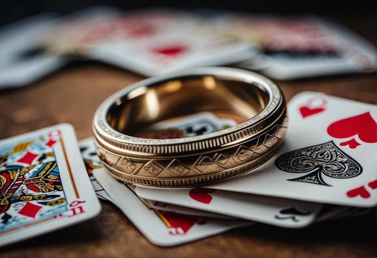 A wedding ring surrounded by a stack of playing cards, with the ace of hearts facing up