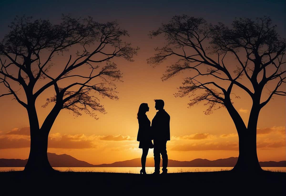 A couple's silhouettes stand facing each other, with one figure appearing hesitant and the other exuding confidence. The backdrop is a blend of warm and cool tones, symbolizing the emotional complexities of marrying later in life