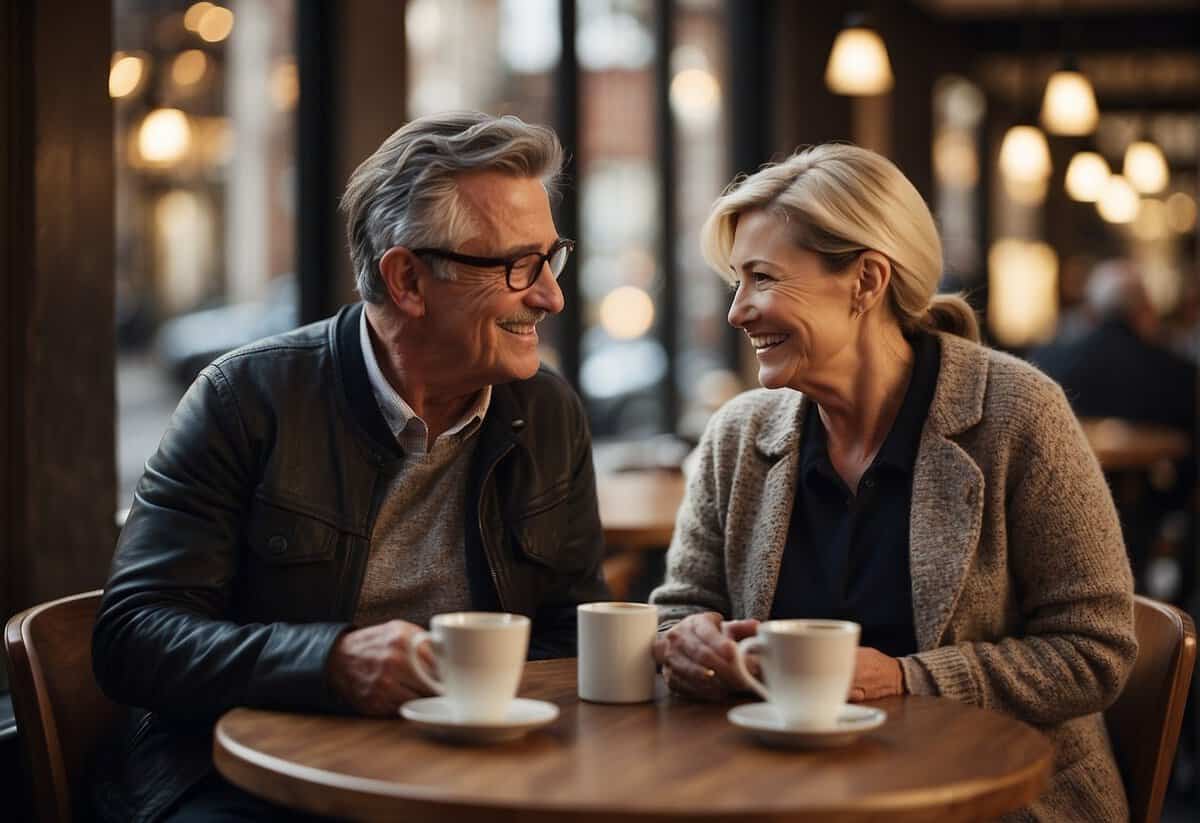 A couple in their 50s sits at a cozy café, smiling and chatting over cups of coffee. The warm, inviting atmosphere suggests a hopeful outlook on dating and the possibility of finding love later in life
