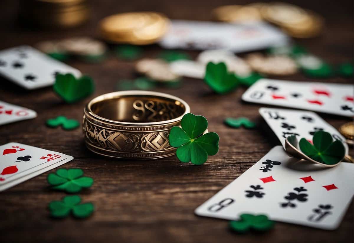 A wedding ring surrounded by a stack of playing cards, a horseshoe, and a four-leaf clover