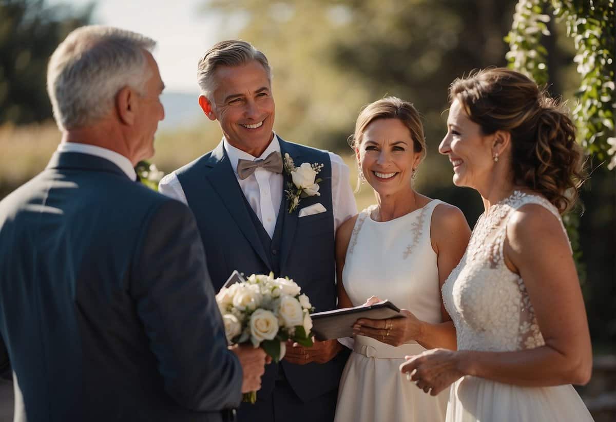 A couple, both over 50, standing in front of a wedding officiant, exchanging vows and rings. The officiant smiles warmly at them