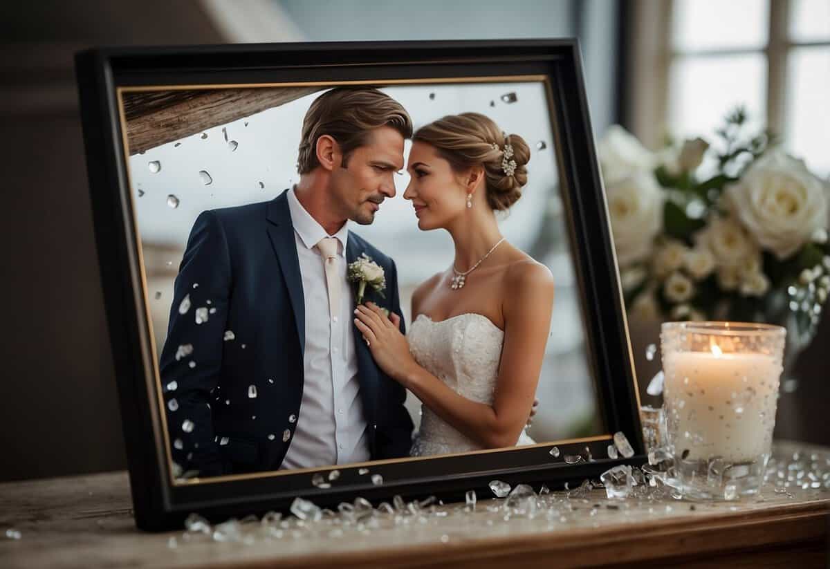 A couple's wedding photo on a mantle, surrounded by shattered glass and a cracked frame, symbolizing the impact of divorce after 40 years