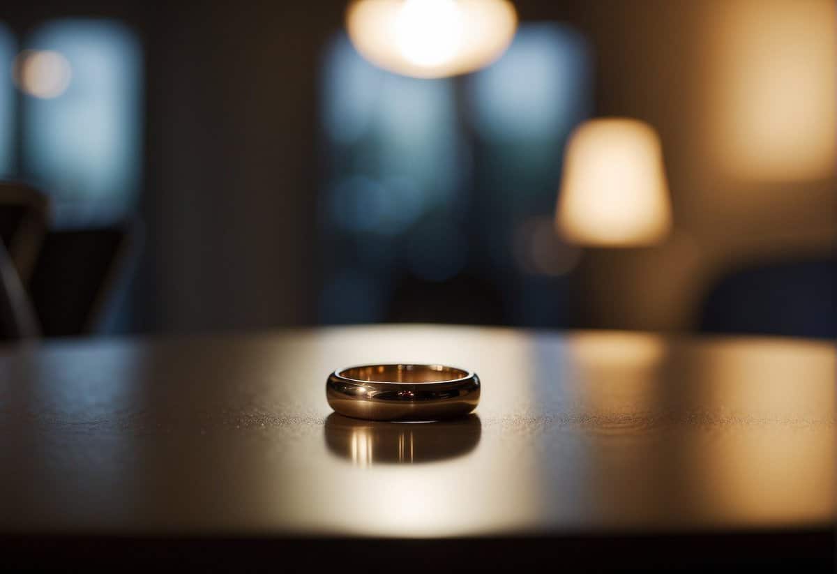 A deserted wedding ring on a table, empty chair, and an open door symbolize the "walkaway wife syndrome."