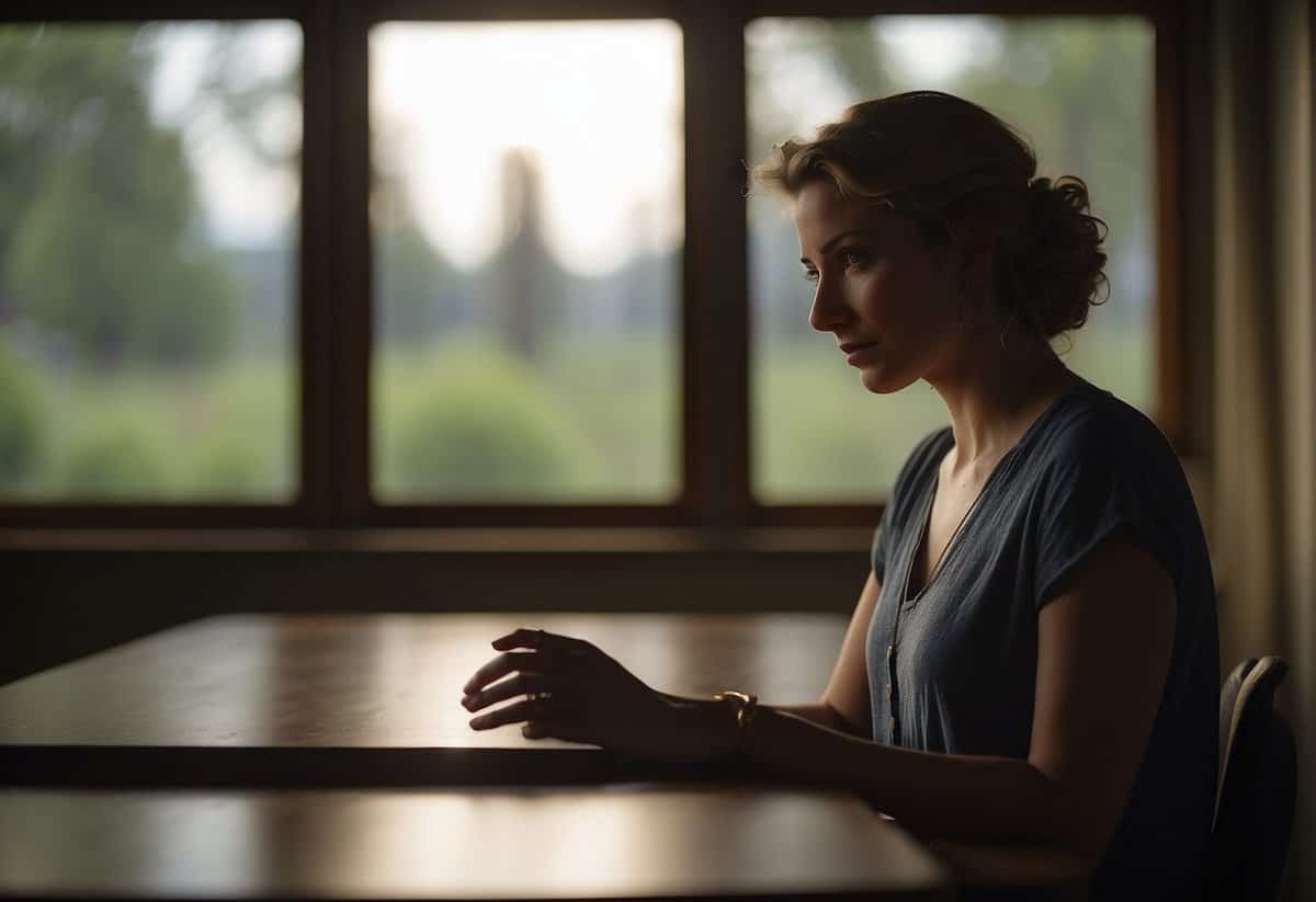 A woman stands alone in a dimly lit room, gazing out a window with a distant expression, while her wedding ring sits abandoned on the table