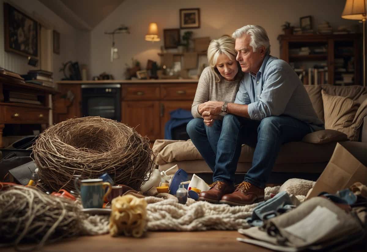 A couple's empty nest, cluttered with neglected hobbies, symbolizes their diverging needs and societal pressures, leading to their breakup after 30 years