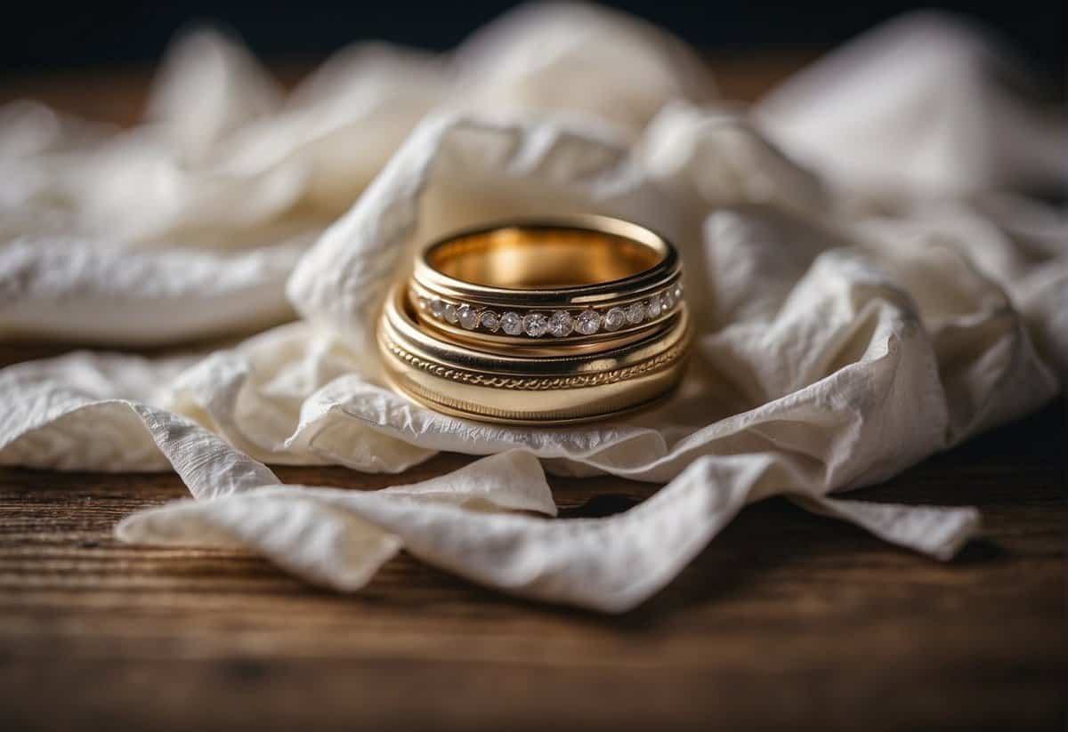 A pile of worn-out wedding rings on a table, surrounded by crumpled tissues and a list of unanswered questions