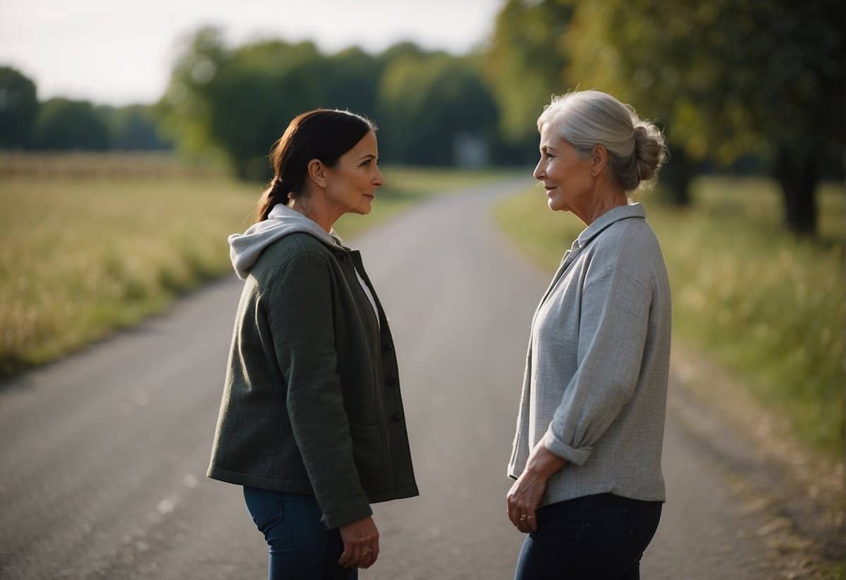 A 40-year-old woman stands at a crossroads, with one path leading to a younger partner and the other to someone her own age. The benefits and challenges of age gap relationships are depicted through the woman's contemplative expression
