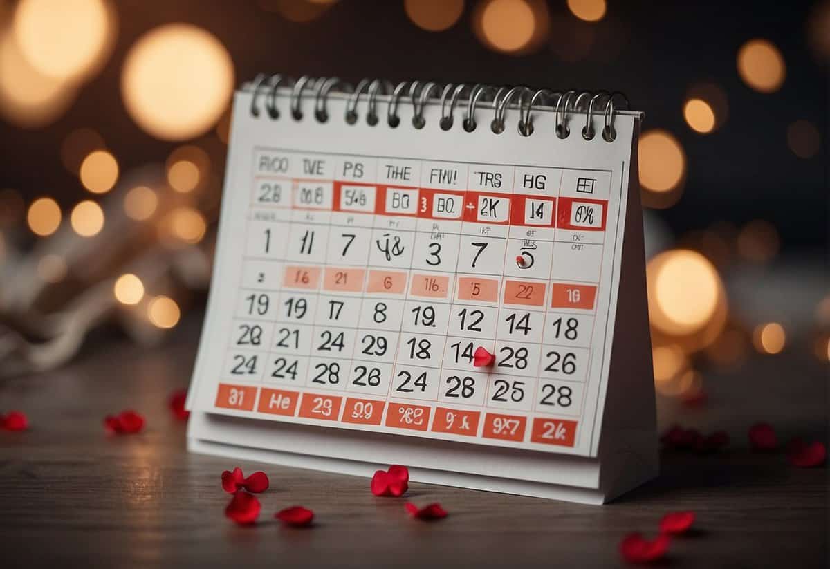 A calendar with a wedding date circled in red, surrounded by question marks and exclamation points