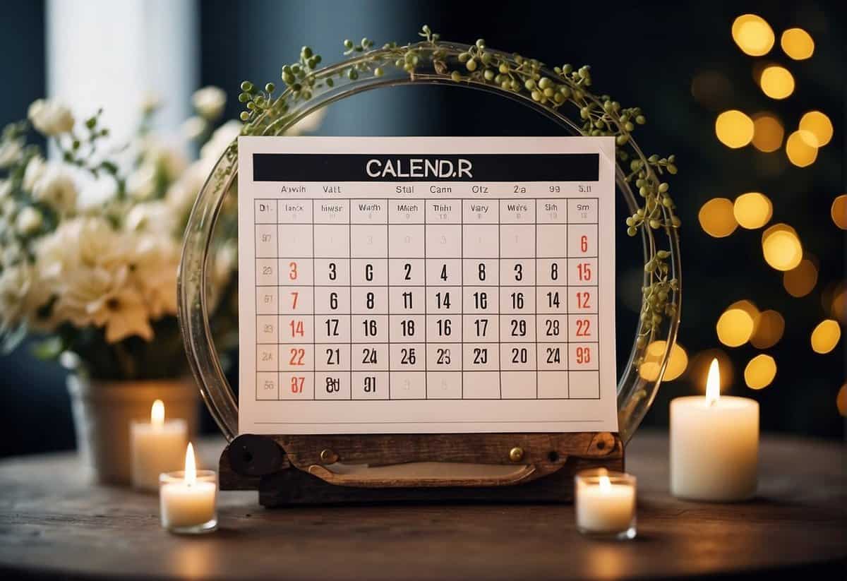 A calendar with highlighted dates and months, surrounded by wedding-related decorations and symbols