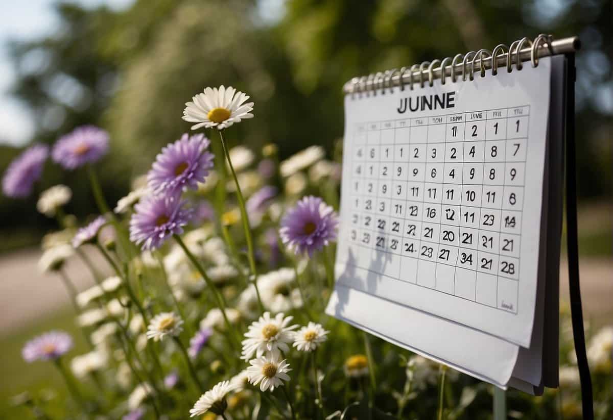 A calendar with a high number of circled dates in the summer months, particularly in June, indicating the most popular day to get married in the UK