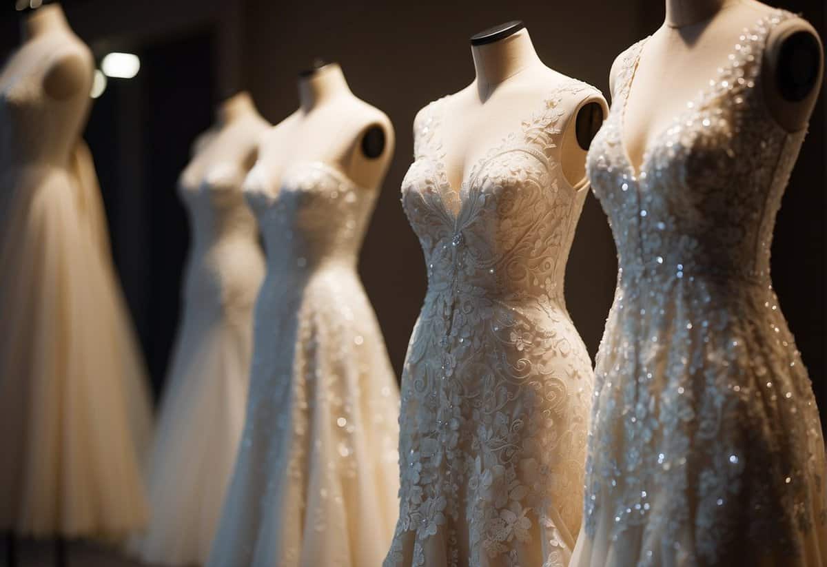 A row of luxurious wedding dresses displayed on mannequins, with intricate lace, sparkling embellishments, and flowing trains, each vying for the title of the most expensive
