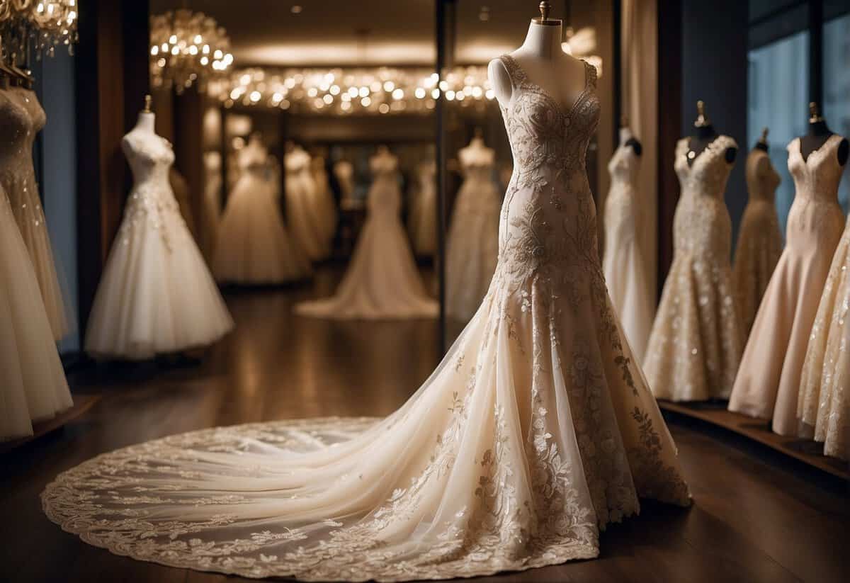 A luxurious wedding dress displayed on a mannequin in a high-end boutique. Intricate beading, lace, and flowing fabric exude opulence