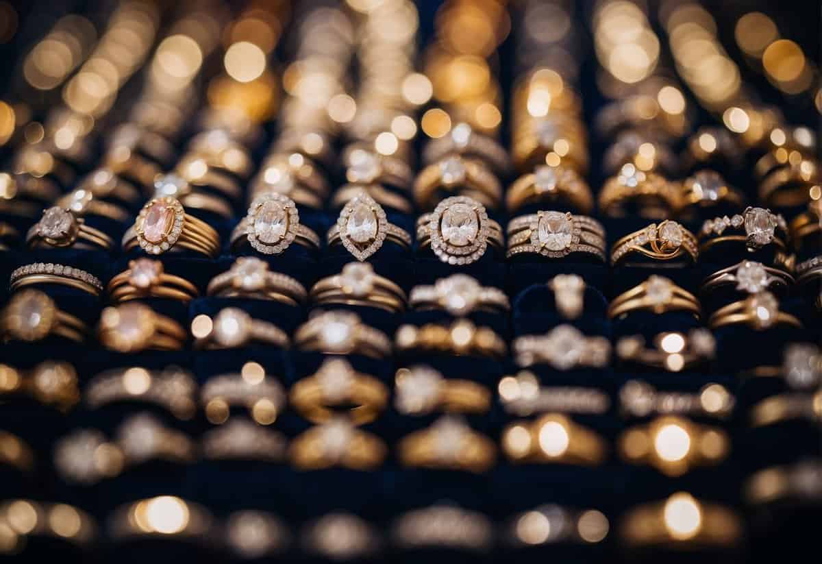 A display of dazzling engagement rings, each more opulent than the last, glistening under the bright lights of the jewelry store