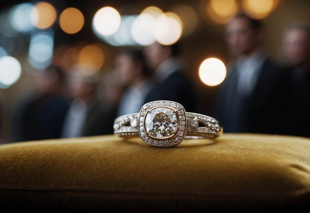 A sparkling diamond ring displayed on a velvet cushion, surrounded by curious onlookers