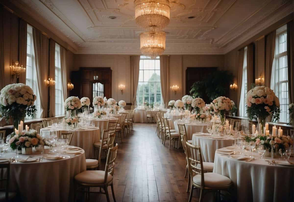 A lavish wedding venue in the UK with opulent decor and elegant floral arrangements, surrounded by luxurious amenities and high-end services