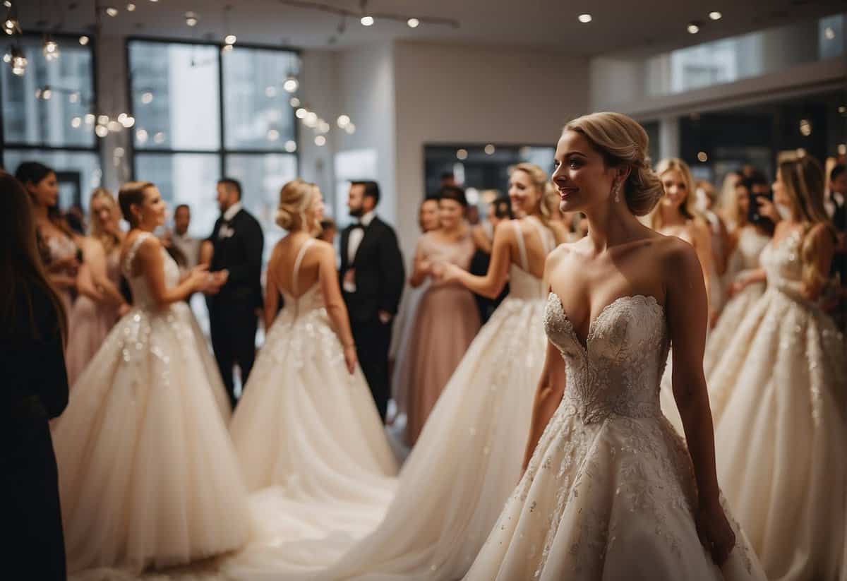 A crowded bridal shop with opulent gowns on display, surrounded by excited chatter and bustling activity