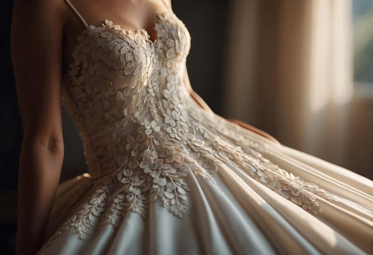 A bride's wedding dress hangs delicately on a hanger, catching the light with its intricate lace and flowing fabric, symbolizing the emotional significance and investment placed on this traditional garment