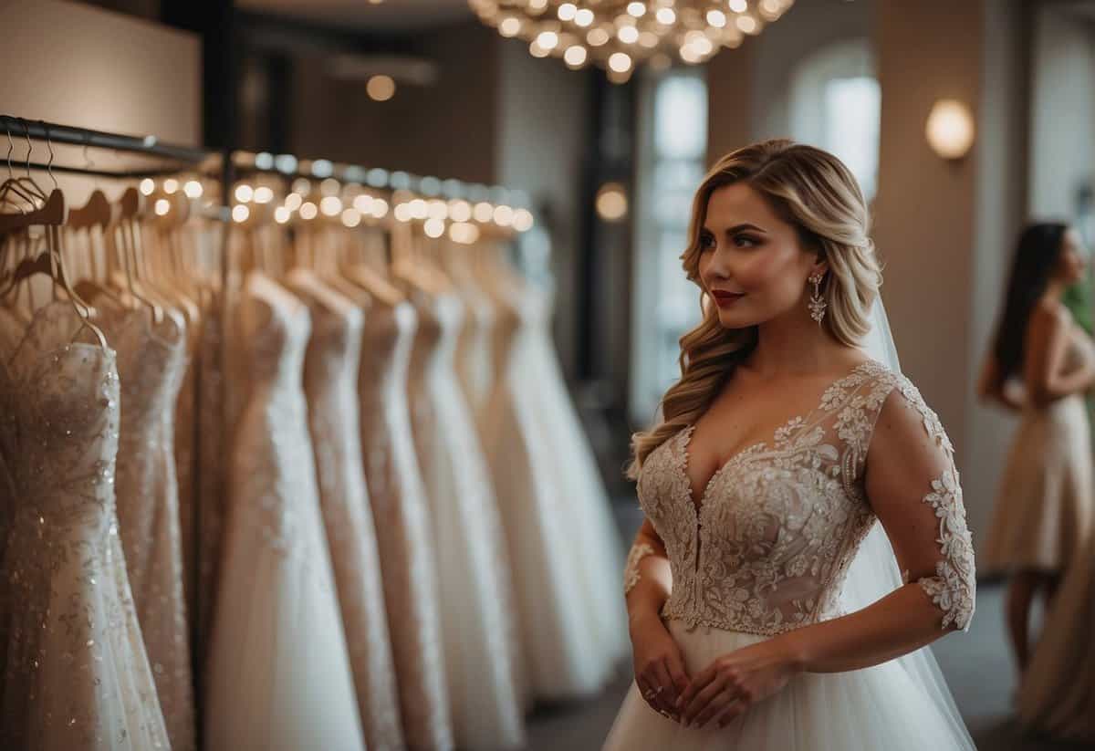 A bride-to-be browsing through a luxurious wedding dress boutique, admiring the intricate details and elegant designs while contemplating the significance of the purchase