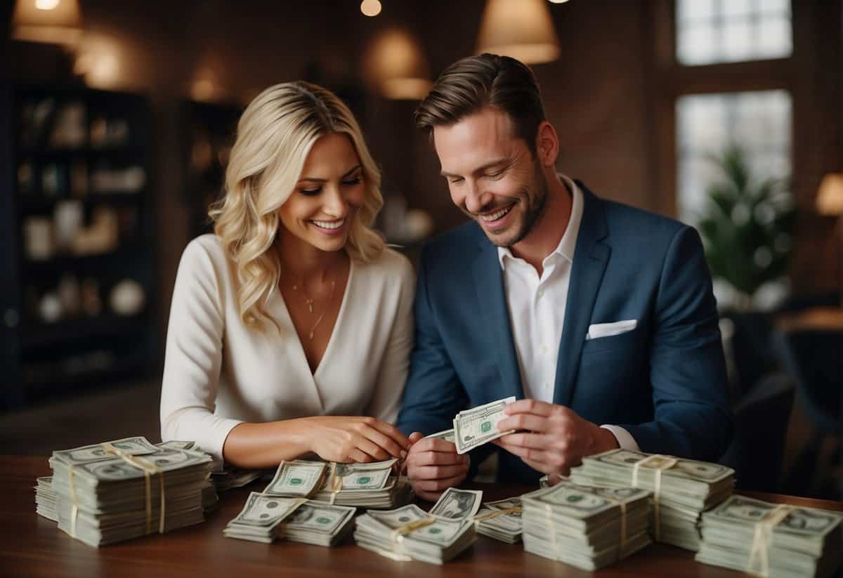 The couple opens envelopes of cash and checks, smiling as they count their wedding gifts. They discuss how to use the money to start their new life together
