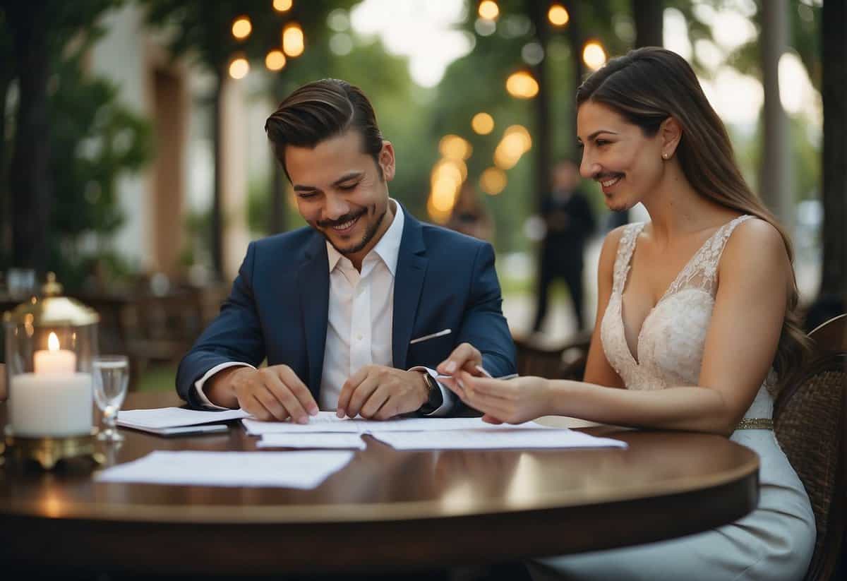 Couples discuss and sign contracts regarding wedding funds