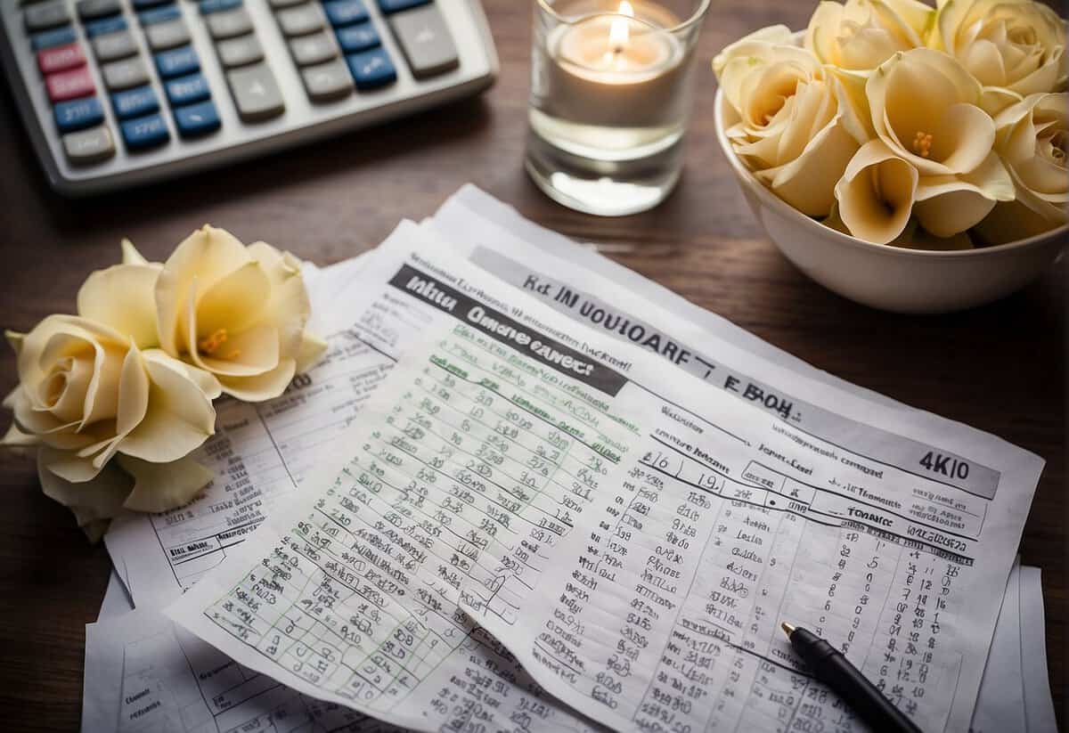 A wedding budget spreadsheet with income and expenses listed, surrounded by question marks and dollar signs