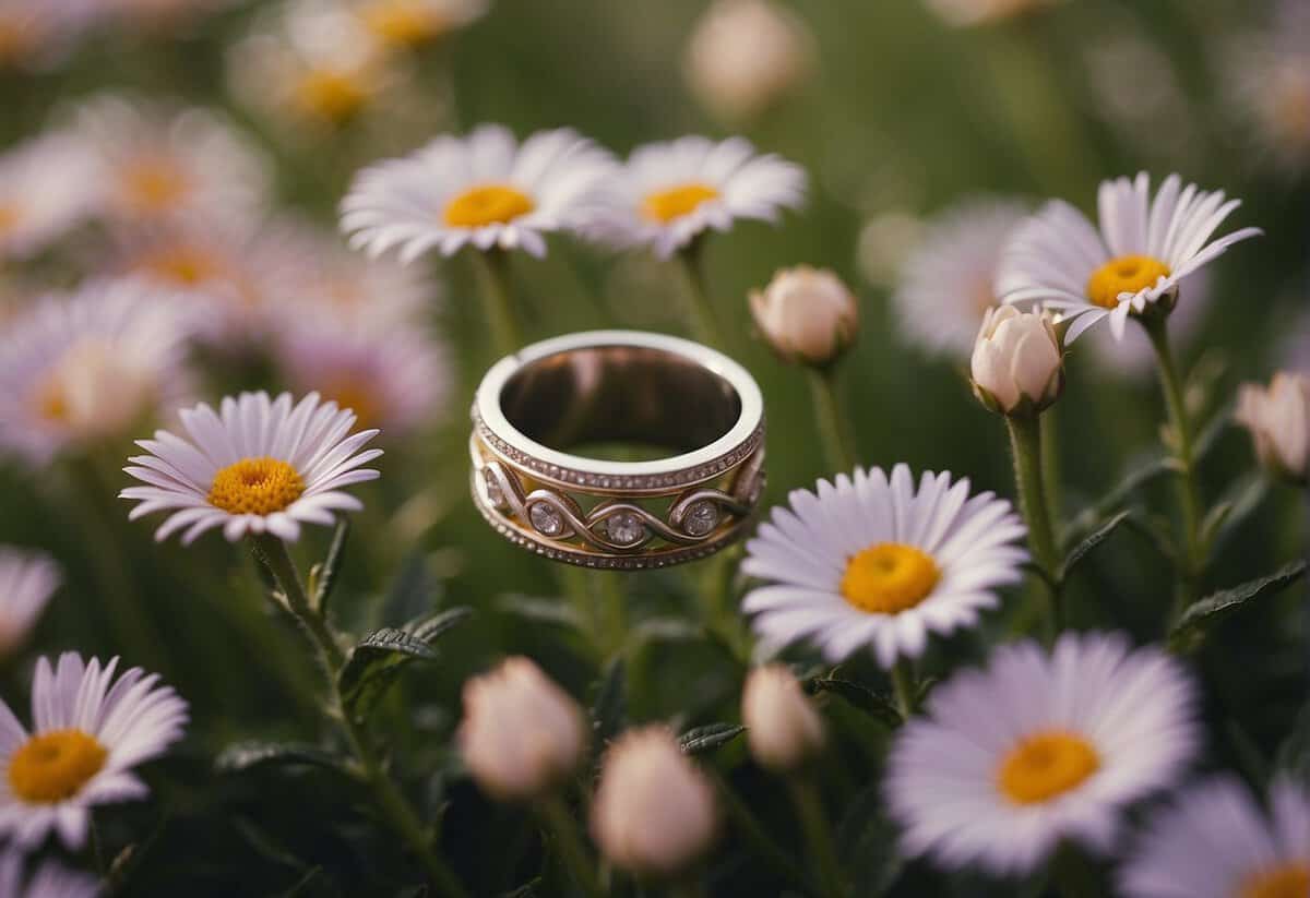 Two rings intertwined on a bed of flowers