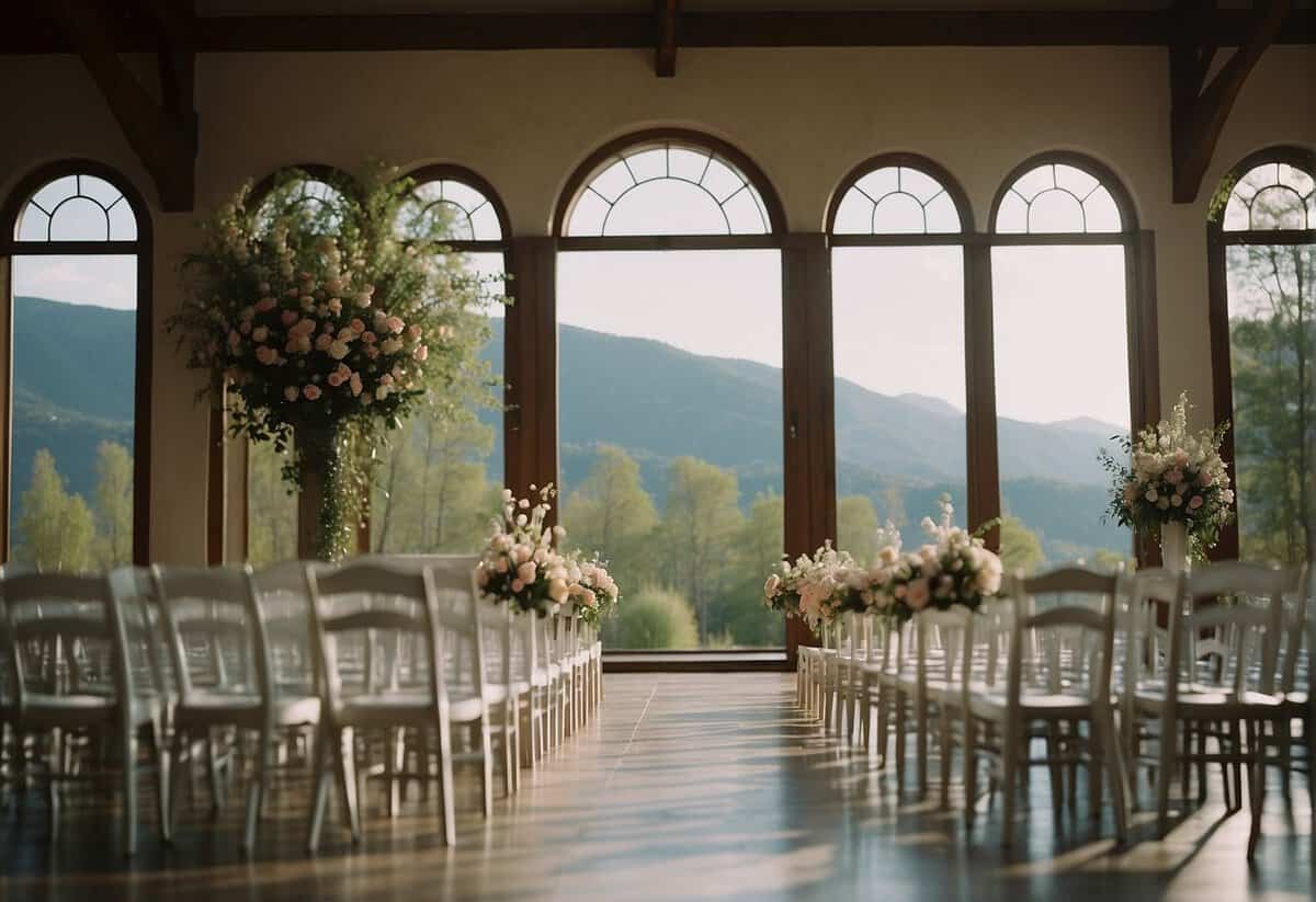A deserted wedding venue with empty chairs and a lone bouquet on the altar