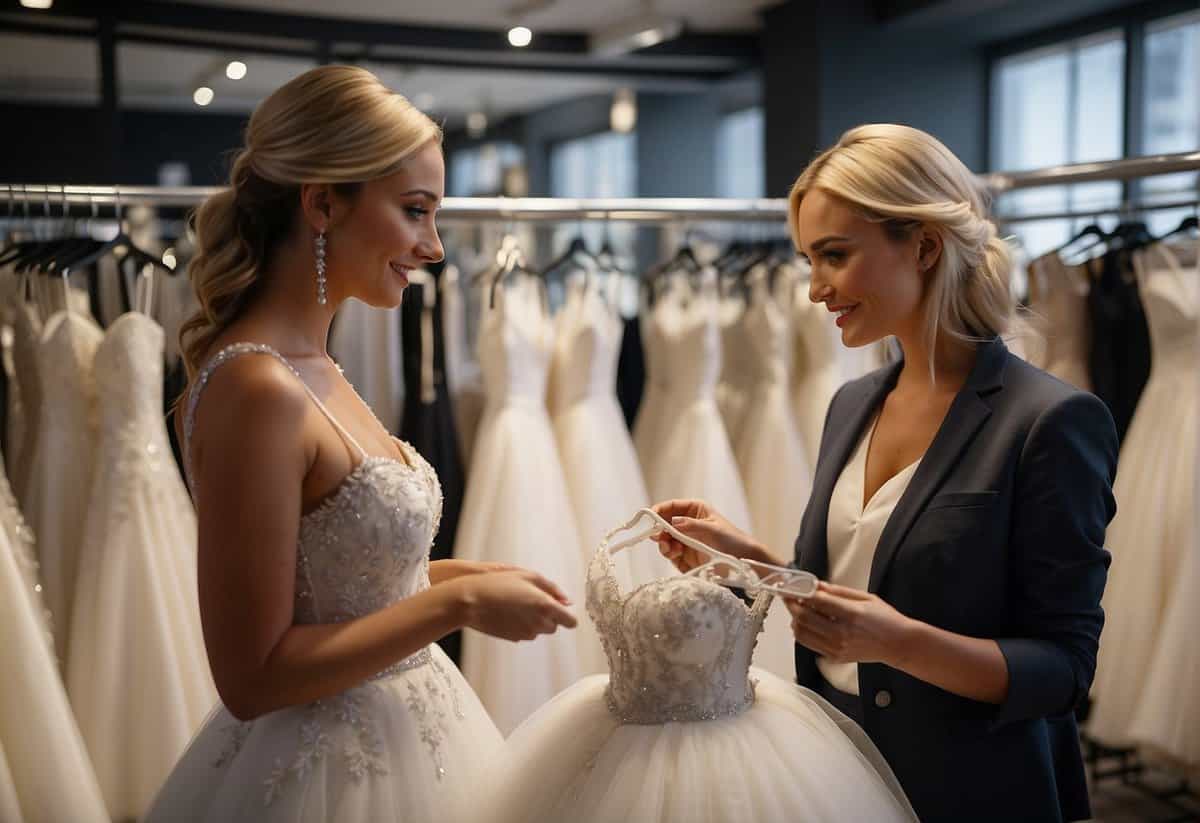 A bride-to-be browsing through racks of wedding dresses in a boutique, carefully examining price tags and discussing budgets with a sales assistant