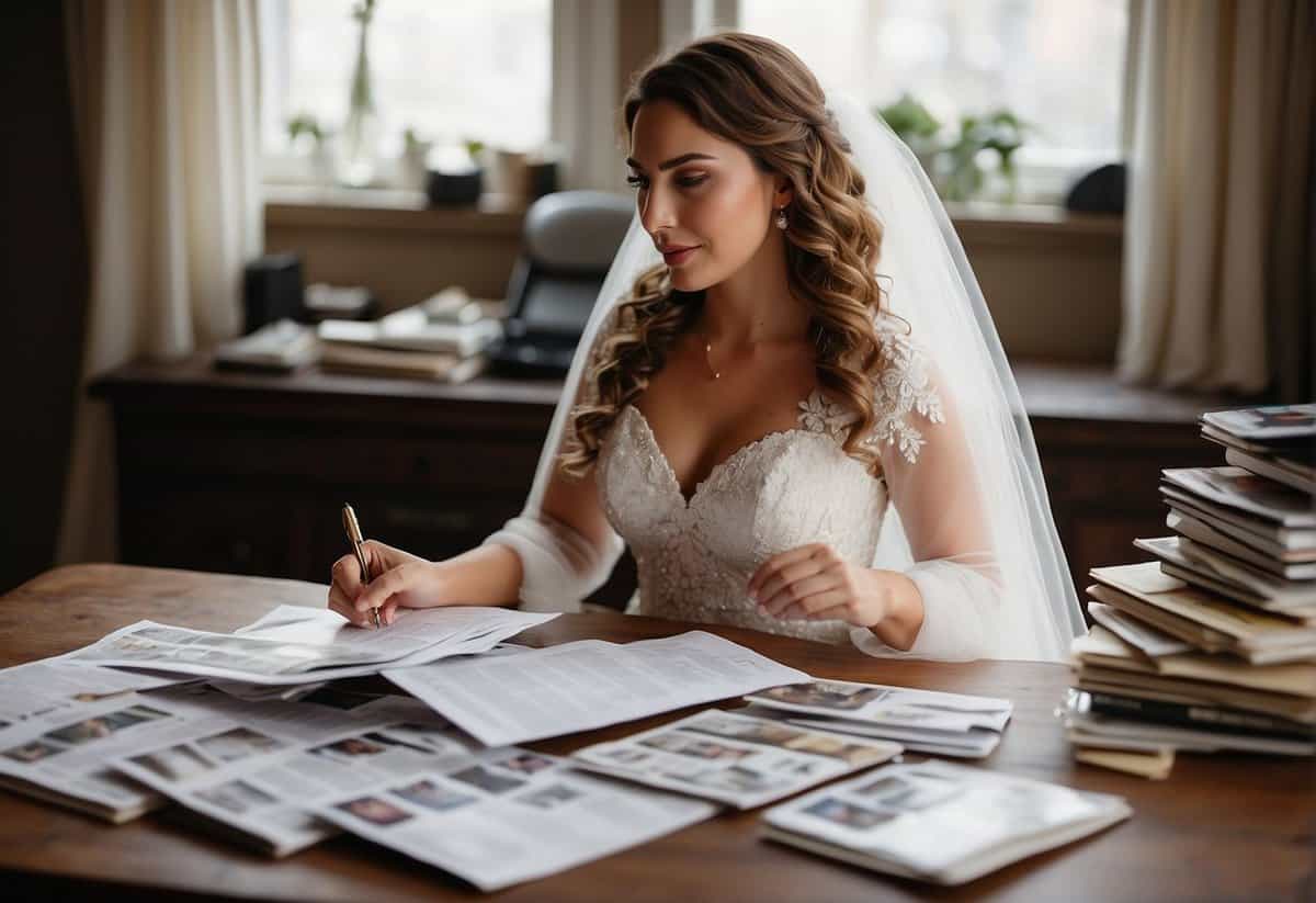 A bride-to-be sits at a table, surrounded by wedding dress magazines and budgeting spreadsheets. A calculator and pen are in her hand as she carefully considers her options