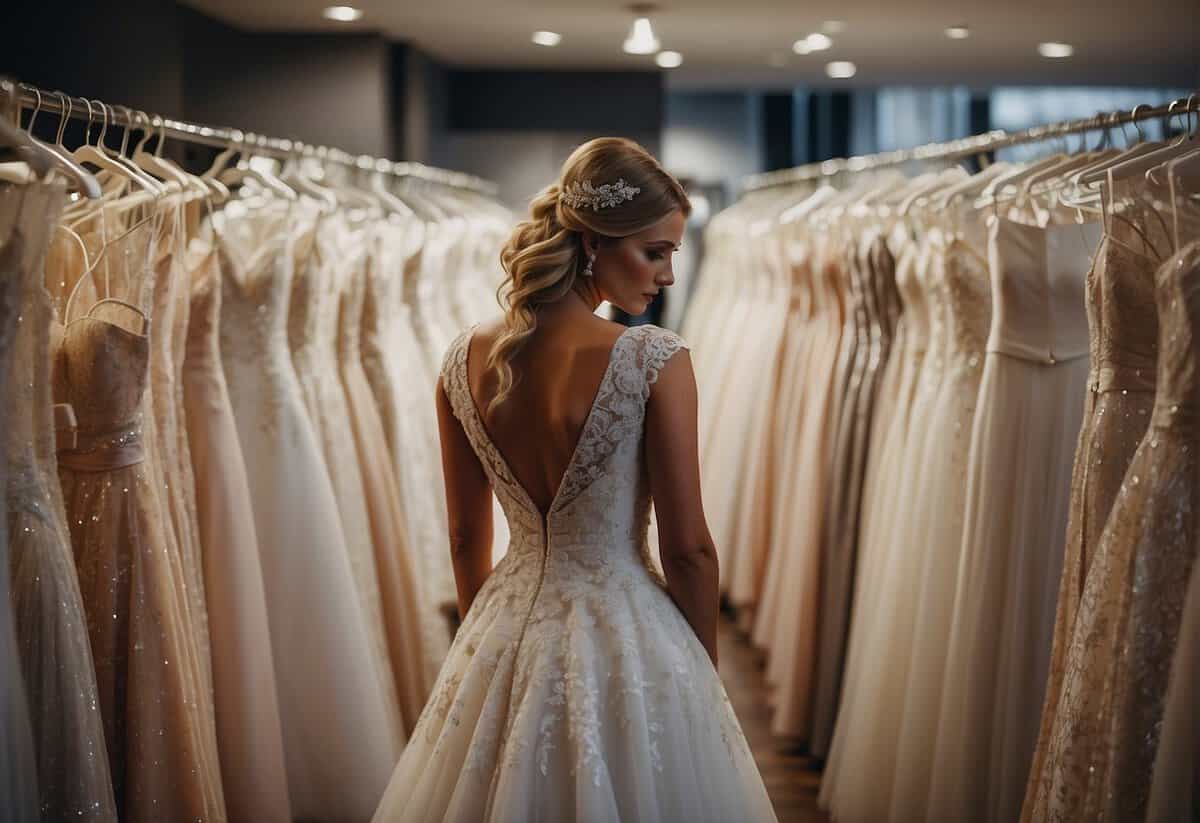 A bride browsing through racks of wedding dresses in a boutique, holding a price tag and looking contemplative