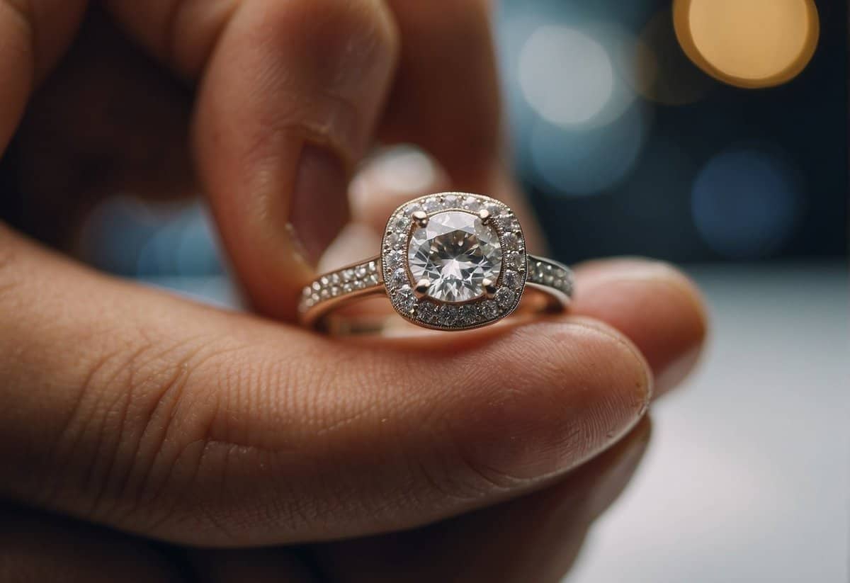 A person at a jewelry store selects a man's engagement ring