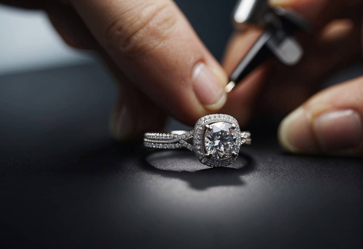 A man's engagement ring being customized by a jeweler