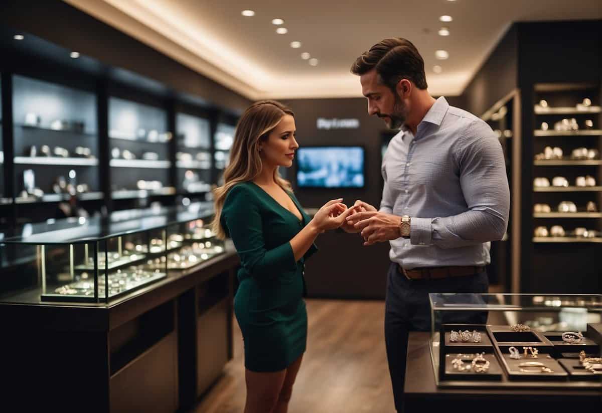 A man stands in a jewelry store, considering different engagement ring styles and sizes. A salesperson assists him, showing various options and discussing pricing and customization