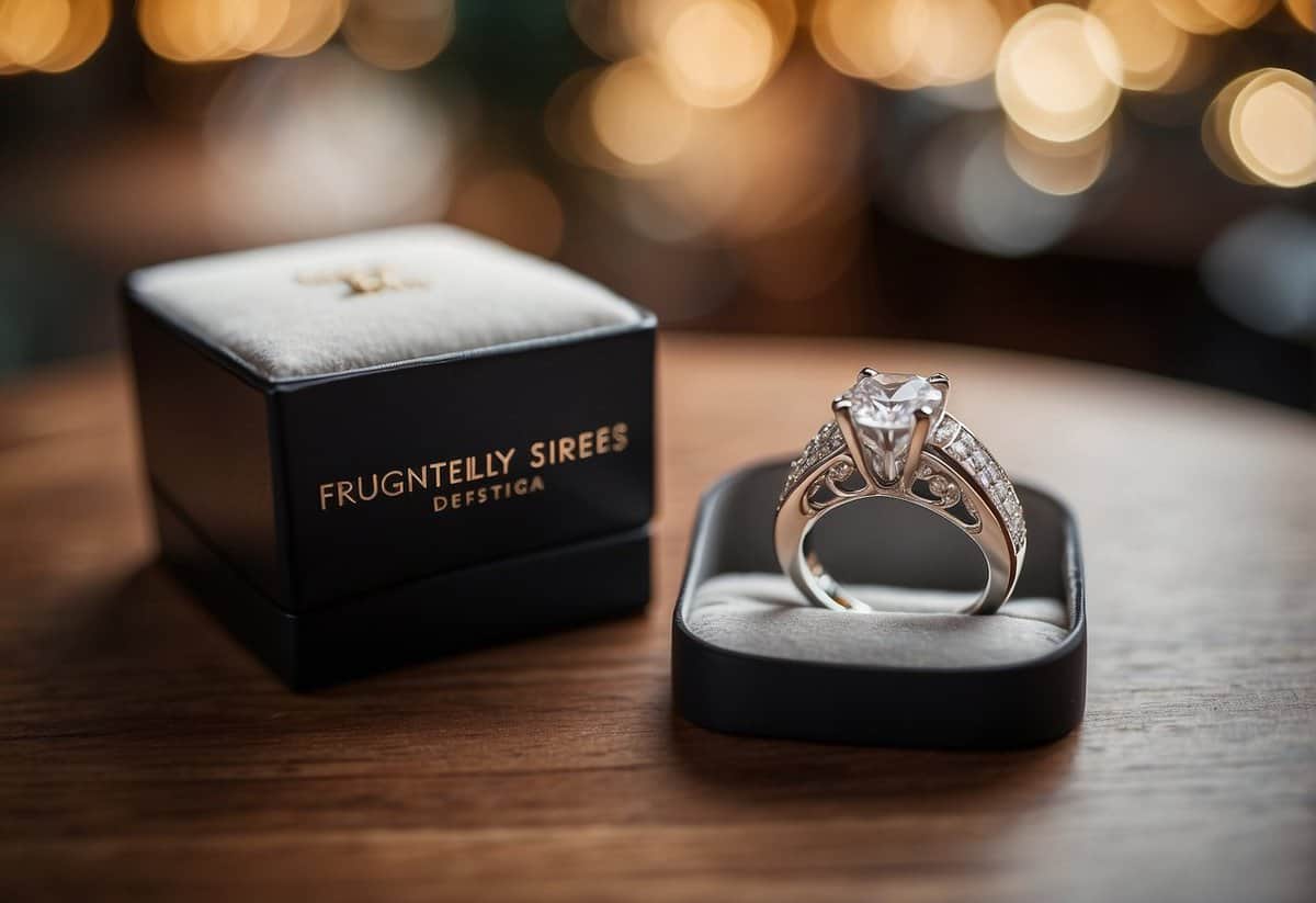 A man's engagement ring sits on a polished wooden display, surrounded by elegant packaging and a sign reading "Frequently Asked Questions: Who buys a man's engagement ring?"