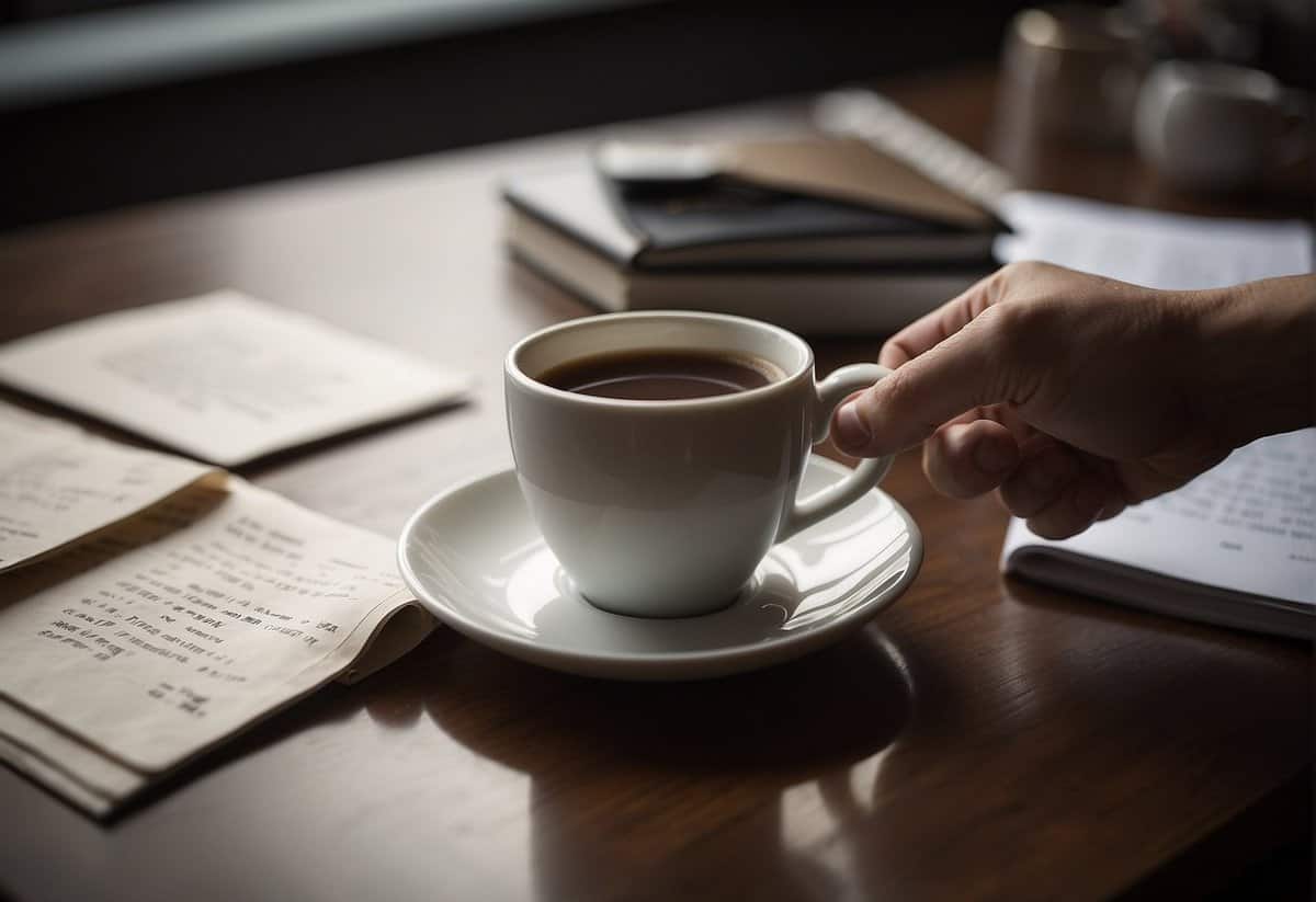 A ringless hand rests on a table, surrounded by scattered papers and a half-empty coffee cup