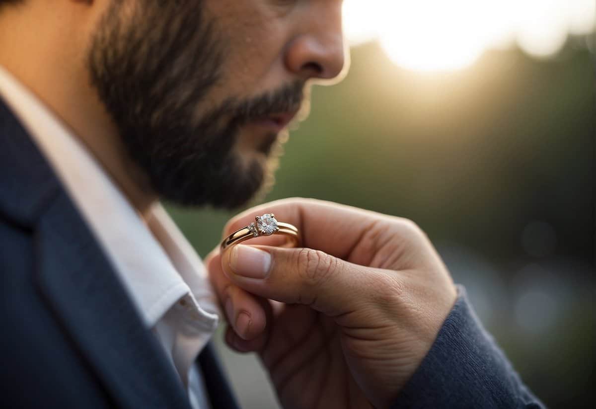 A male's hand holding a wedding ring, positioned on the left ring finger