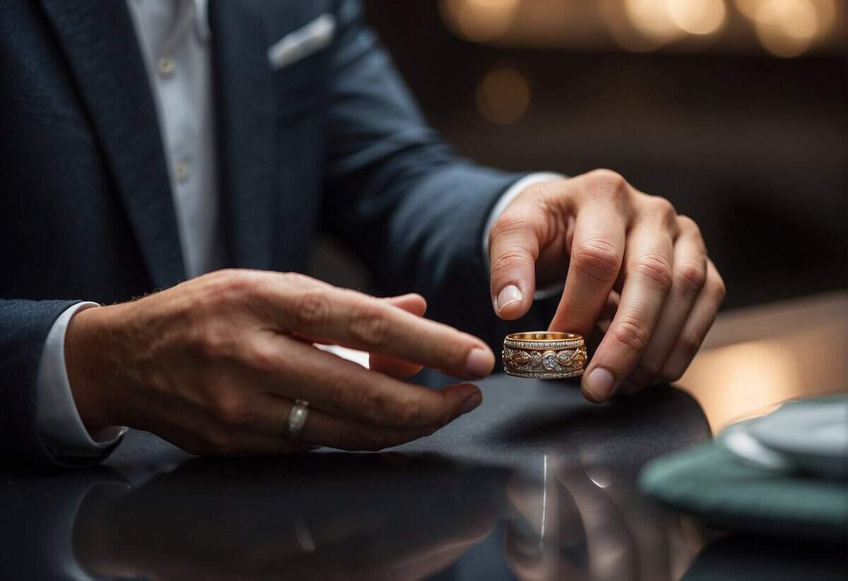 A man carefully selects a wedding ring, considering cultural and personal factors for which finger to wear it