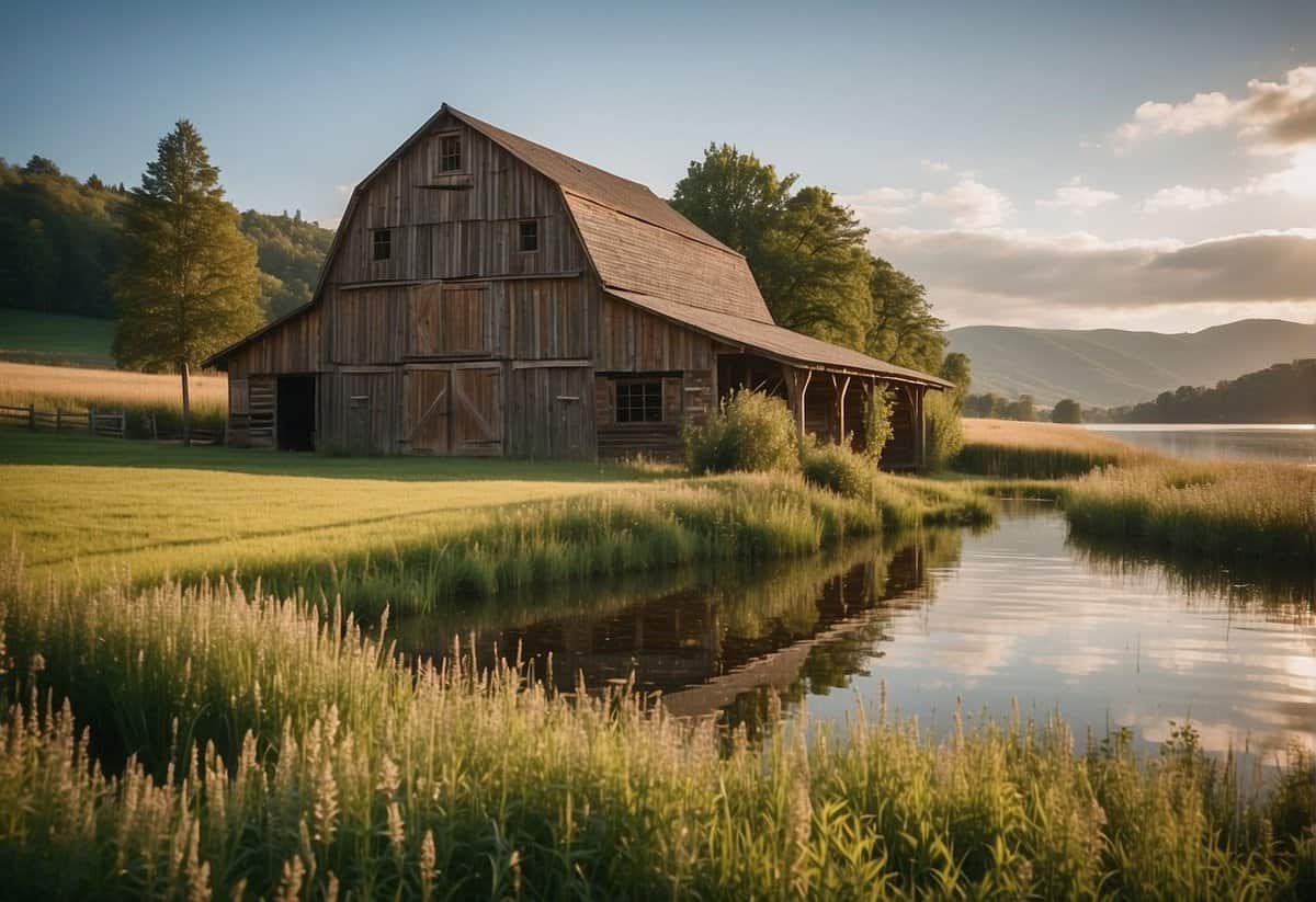 A rustic barn nestled in a lush countryside, with a backdrop of rolling hills and a serene lake. The venue exudes charm and tranquility, perfect for a romantic wedding celebration