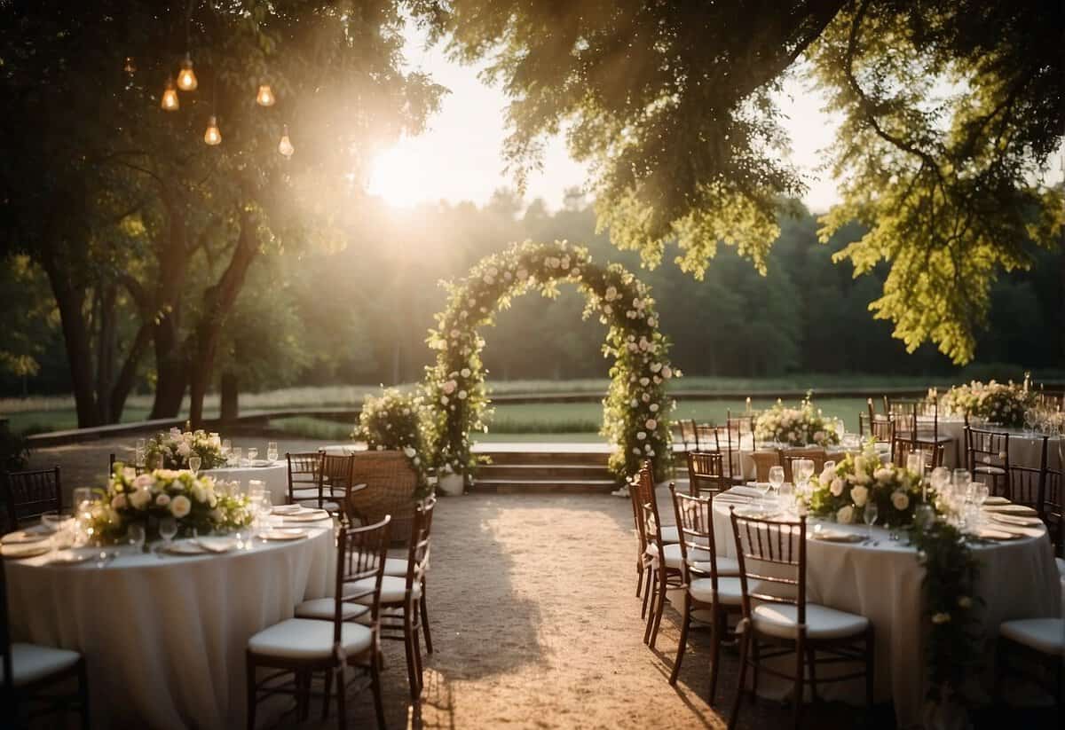 A beautiful outdoor wedding venue with lush greenery, elegant decor, and a romantic ambiance. The sun setting in the background, casting a warm glow over the scene