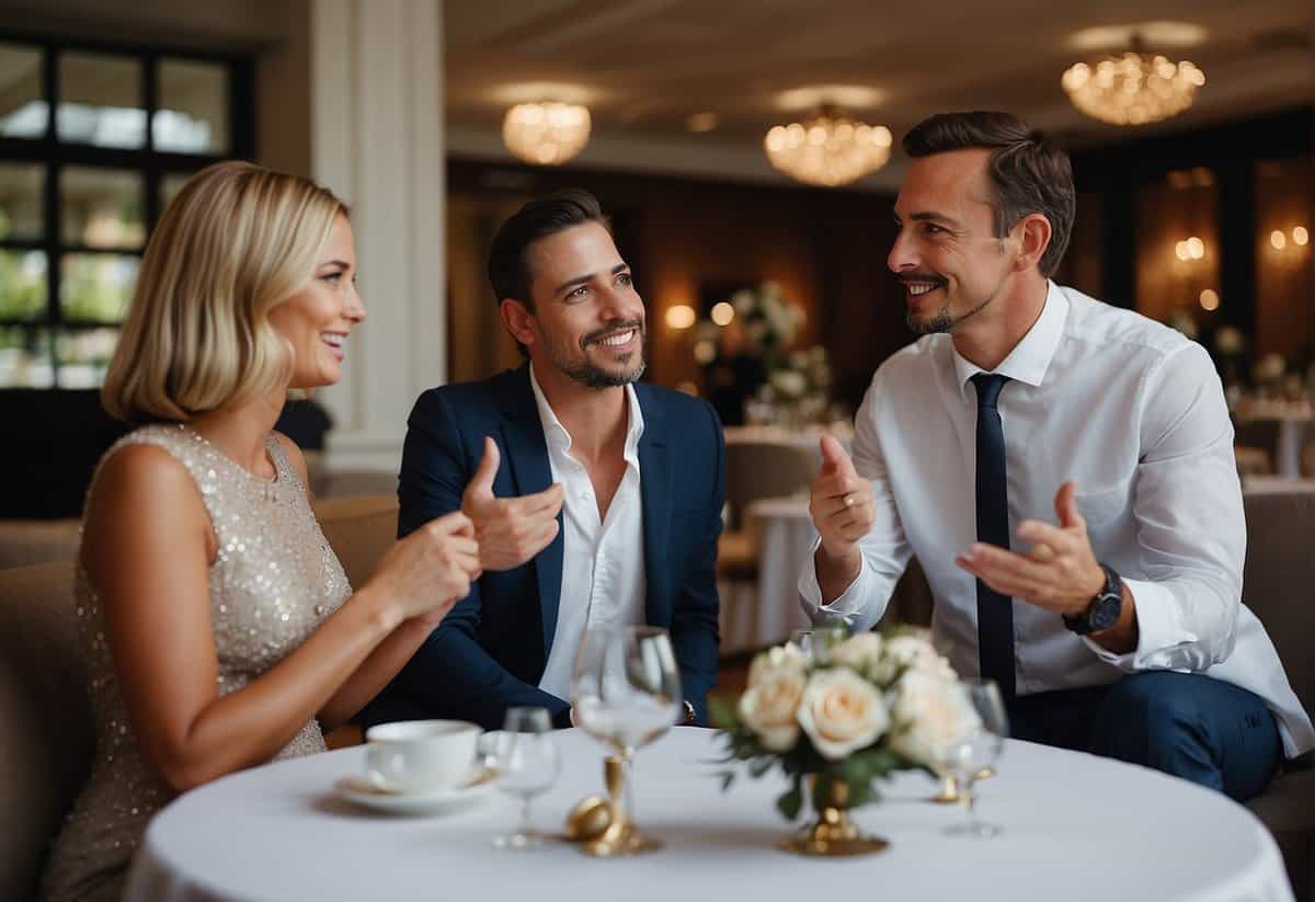 A couple negotiates with a venue manager in the UK, discussing prices and services for their wedding. The manager gestures towards the elegant space, while the couple looks determined yet hopeful